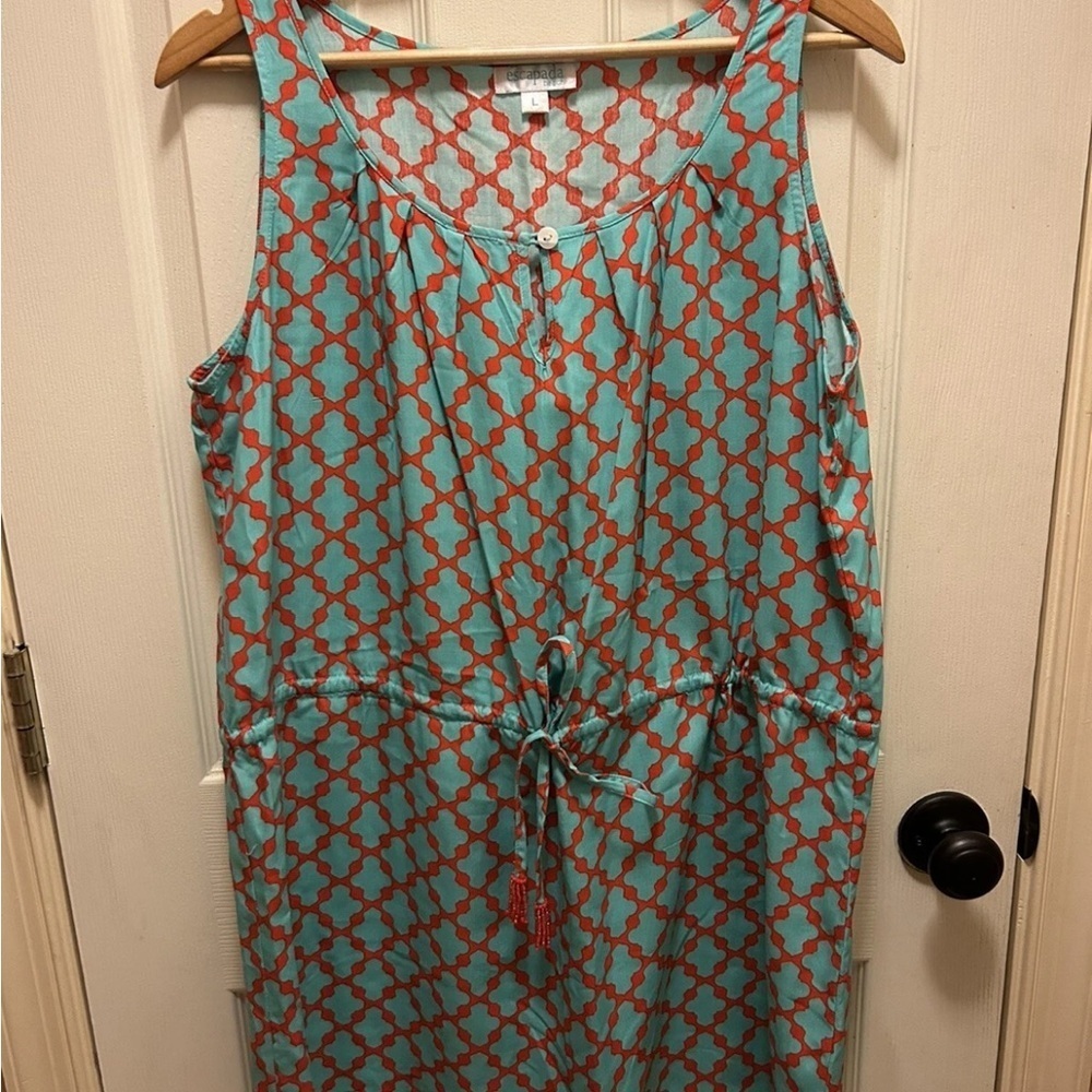 Escapada Sleeveless Teal and Orange Patterned Beach Coverup Sz L NWOT!!
